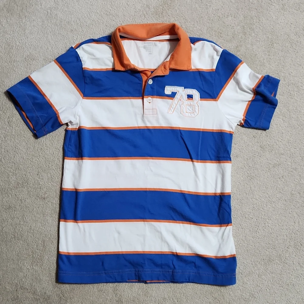 Old Navy Boys Button Down Short Sleeve Polo Shirt Blue White -  L(10-12)